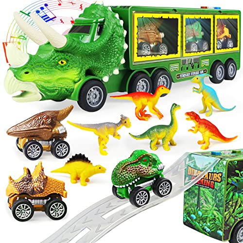 Dinosaur Toy Truck for Kids 3-7 with Flashing Lights, Music and Roaring Sound, 10 in 1 Dinosaur Toys for Boys and Girls, 3 Pull Back Dinosaur Cars, 6 Dinosaur Toys and 1 Dinosaur Carrier Truck