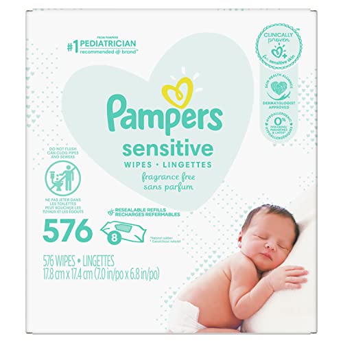 Pampers Baby Wipes Refills, 576 count - Sensitive Water Based Hypoallergenic and Unscented Baby Wipes (Packaging May Vary)