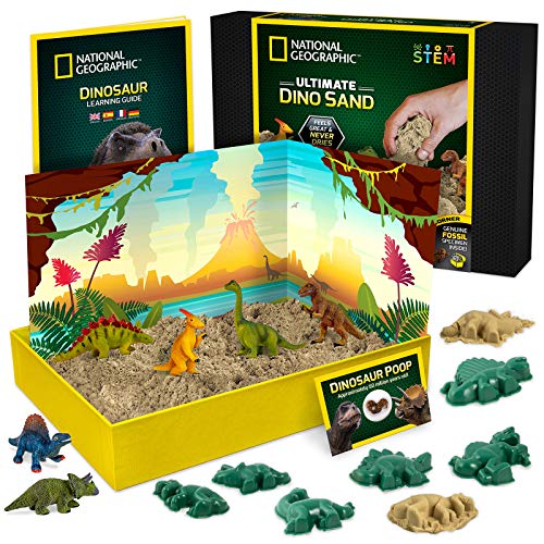 National Geographic Dinosaur Play Sand - 2 Pounds of Play Sand, 6 Molds, 6 Dinosaur Figures, A Kinetic Sensory Sand Activity Kit for Boys and Girls