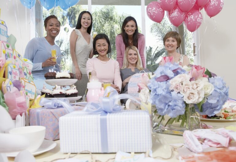 ladies in baby shower with gifts