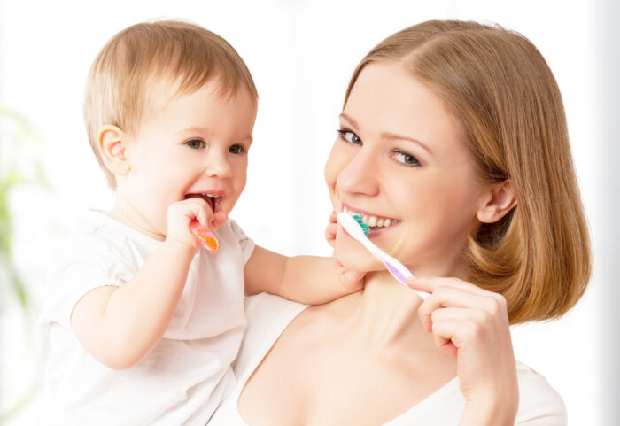 Baby Mommy Brushing Their Teeth Together
