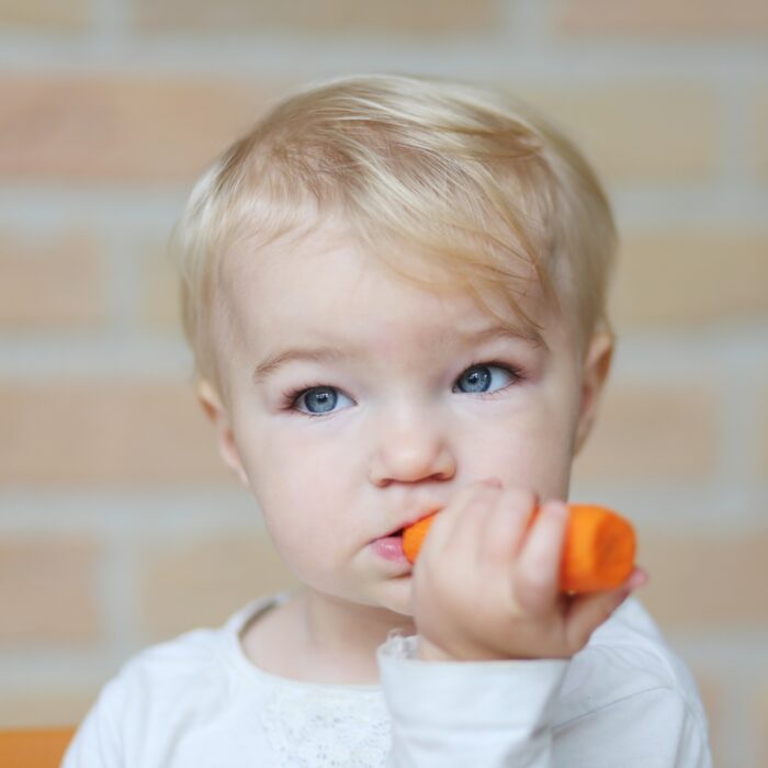 Blonde Baby Eating a Carrot in High Chair
