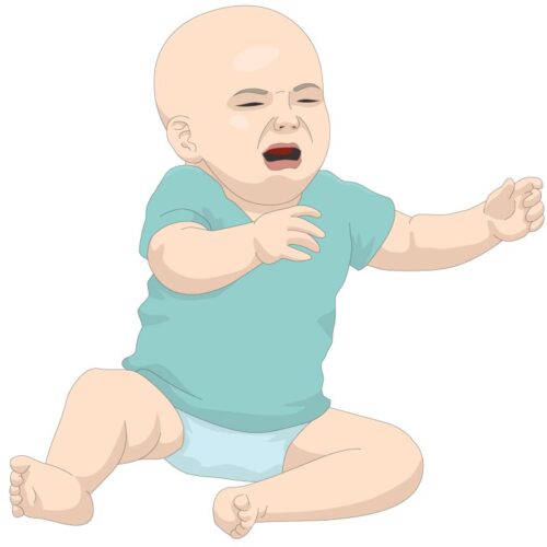 Crying baby reaching for the absent parent.