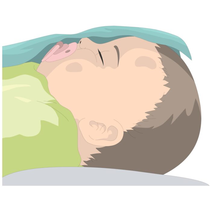 A baby sleeping with a dummy which is preventing SIDS.