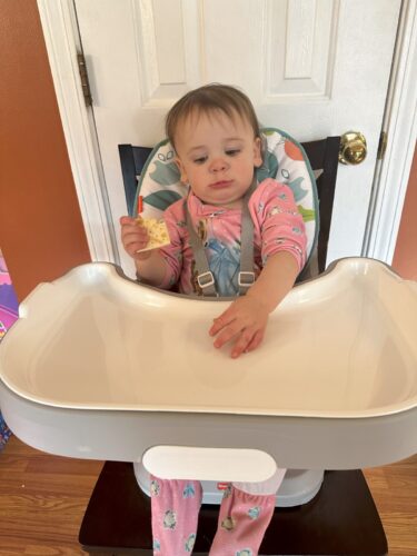 baby in fisher price space saver high chair