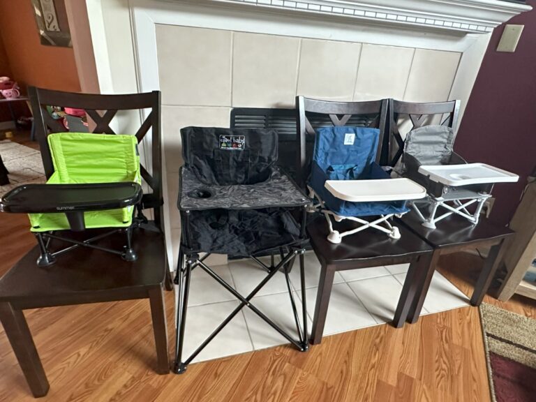 a row of portable high chairs
