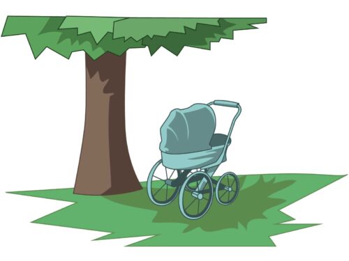 A pram in the shade of a tree