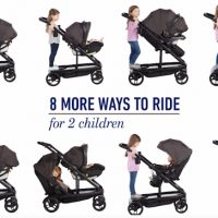 Image of the 8 different configurations of the Graco Uno2Duo Convertible stroller when it is in double stroller mode for 2 kids
