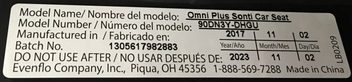 Urbini Omni Plus Car Seat Expiration Date Label
